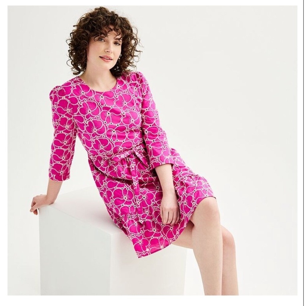 Draper James RSVP Pink Floral Embroidery Dress 3/4 Tie Waist Casual Party‎ Dress